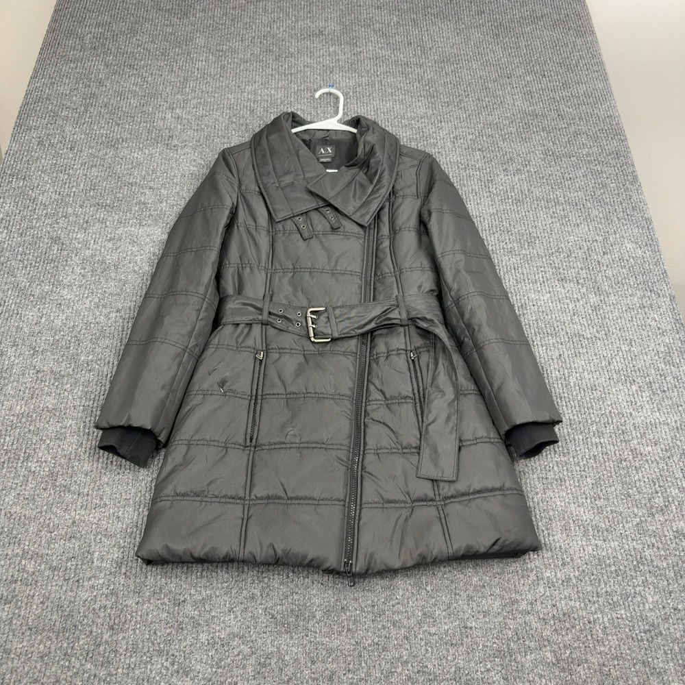 Armani Exchange Puffer Coat Womens S Gray Polyester Belted Quilted Long Jacket